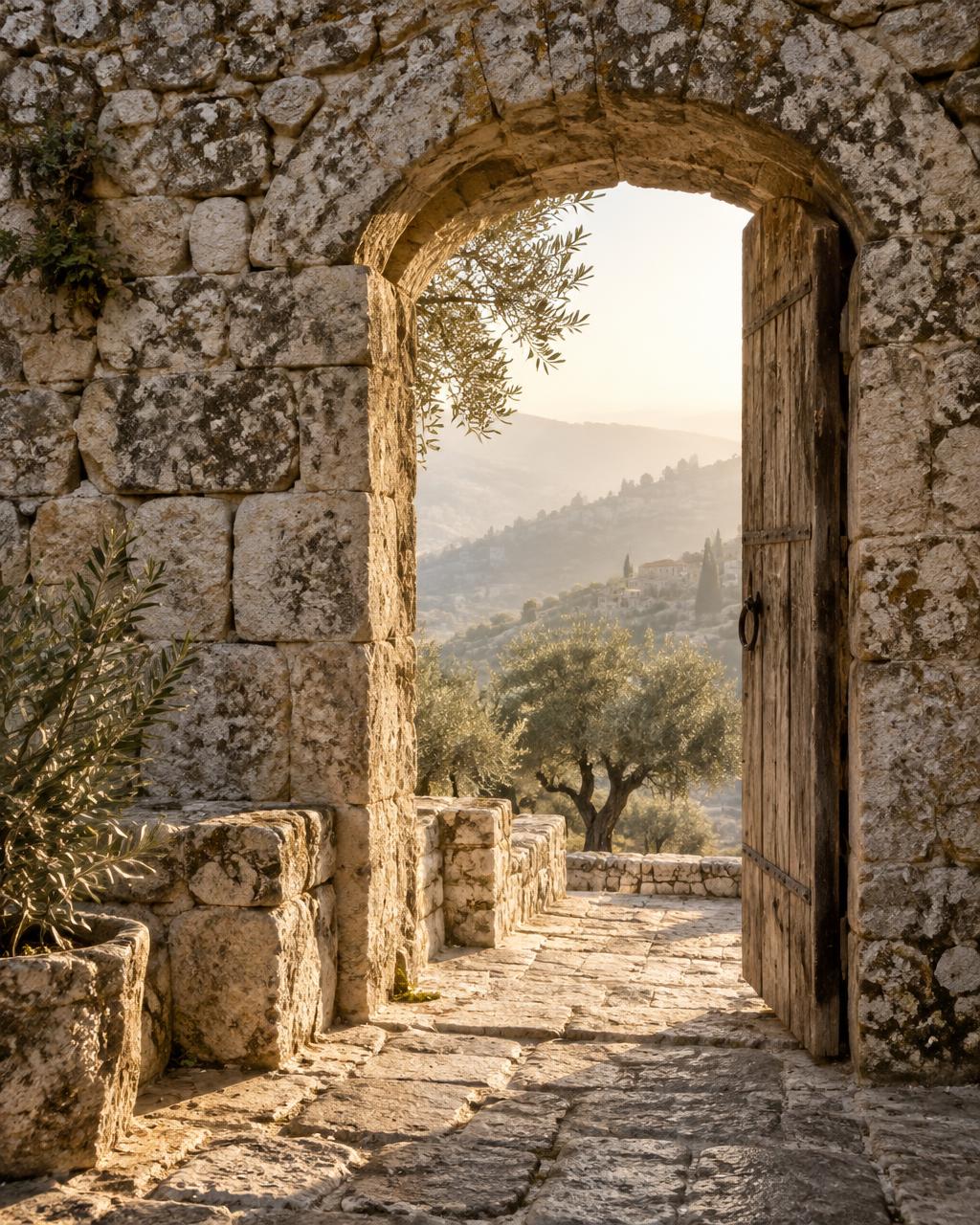 An ancient stone doorway opening onto warm morning light and olive trees